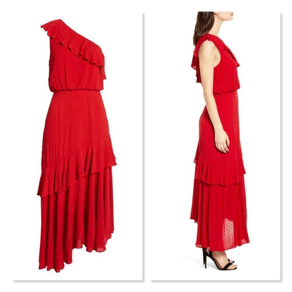 🌹 WAYF 🌹 One-Shoulder Ruffle Dress - [Large in Red] - Picture 2 of 15